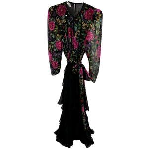 Vintage Diane Freis Floral Maxi Dress Tiered Tie Waist 100% Silk Pink Black L